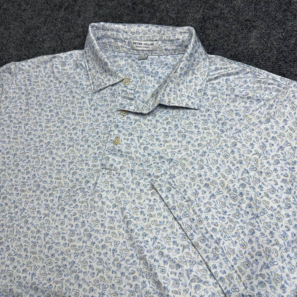Peter Millar Summer Comfort Polo Shirt Mens L White Geometric Mardi Gras AOP
